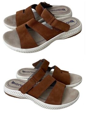 Bionica Avoca Sandals Slides Sz 9 Cognac Tan Brown Wedge Comfort Leather Suede